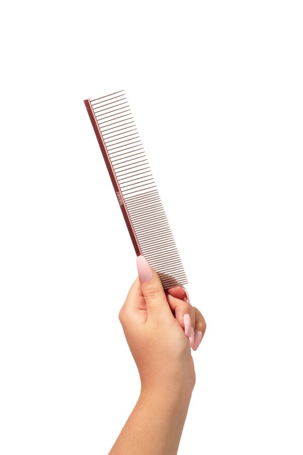 “50/50 metal dog comb pink – wide and fine teeth for finishing grooming and checking missed tangles